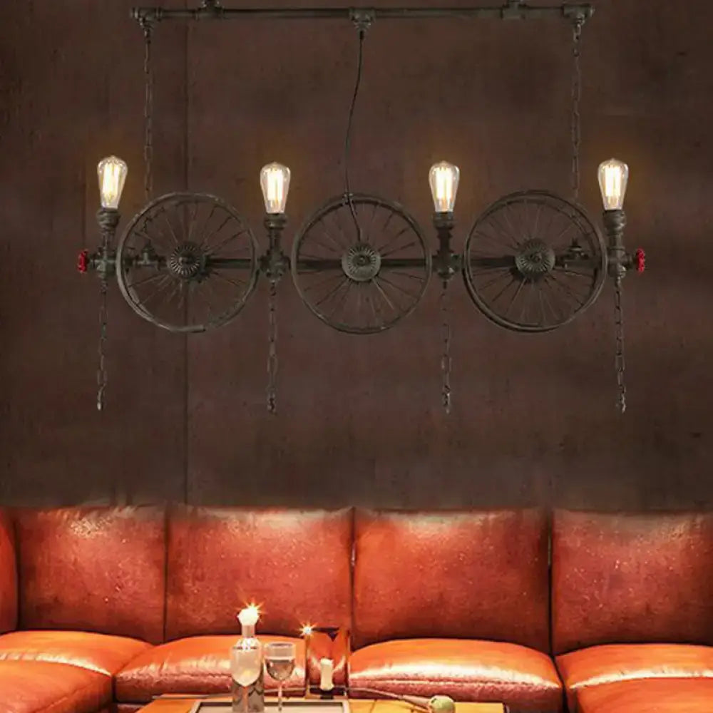Decorbites industrial iron hanging light fixture in black with three bicycle wheel heads for living room island lighting