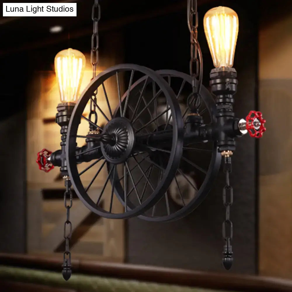 DecorBites™ industrial iron hanging light fixture in black metal with vintage edison bulbs and red valve accents for living room