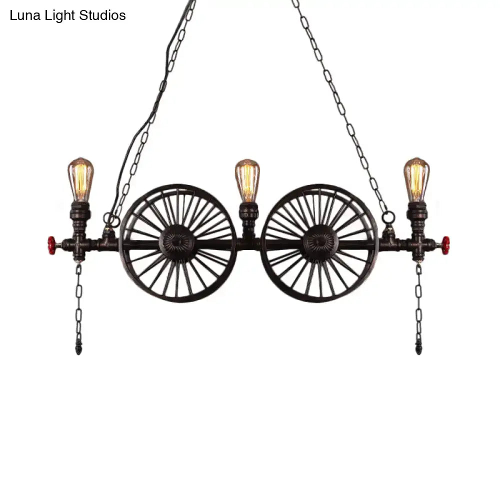 DecorBites industrial iron hanging light fixture with black metal spoked wheels and three filament bulbs for living room