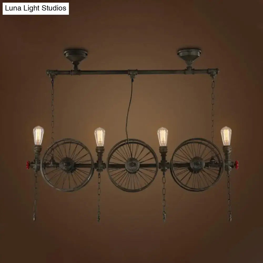Decorbites industrial iron hanging light fixture with three black repurposed bicycle wheel bulbs for living room island