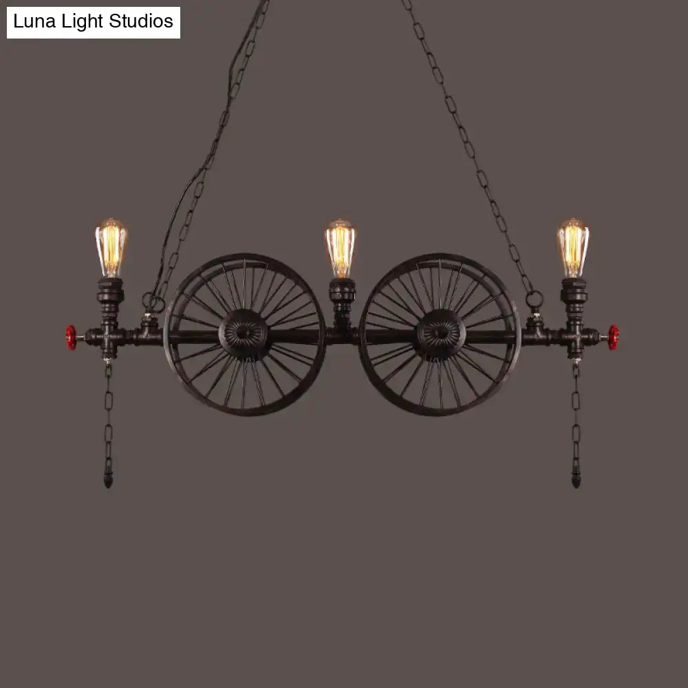 DecorBites industrial iron hanging light fixture in black with bicycle wheel design and three filament bulbs for living room