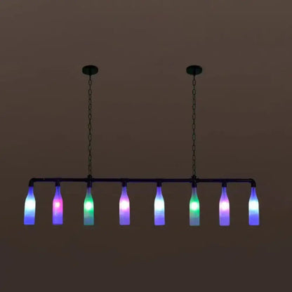 DecorBites™ industrial iron pipe pendant light with seven rgb e26 e27 glass bottle shades in blue purple and green