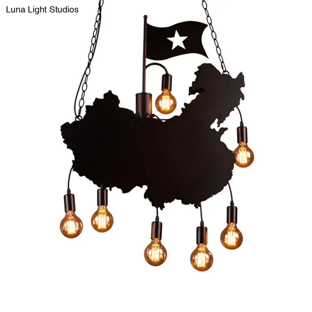 Black metal chandelier shaped like china map with six filament bulbs in decorbites™ black iron hanging light kit