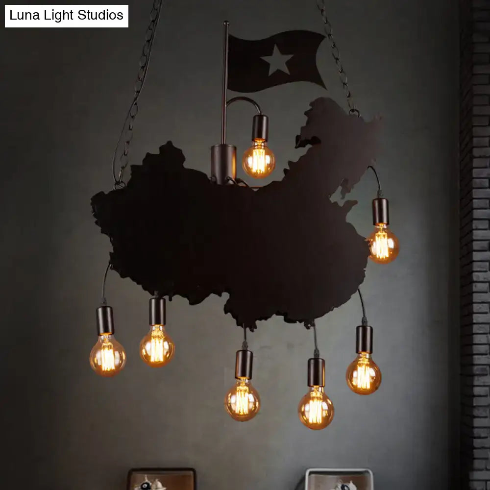 Decorbites™ industrial island pendant lamp iron panel black hanging light kit with 7 bulbs map and flag design