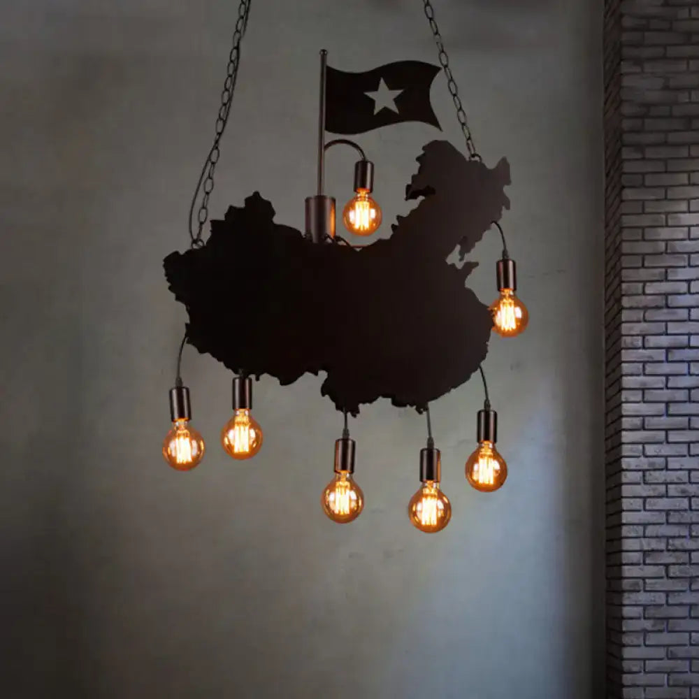 Decorbites industrial island pendant lamp black iron hanging light kit shaped like china map with six filament bulbs and flag