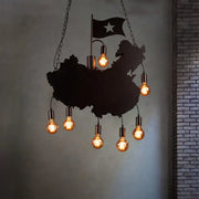 Decorbites industrial island pendant lamp black iron hanging light kit shaped like china map with six filament bulbs and flag