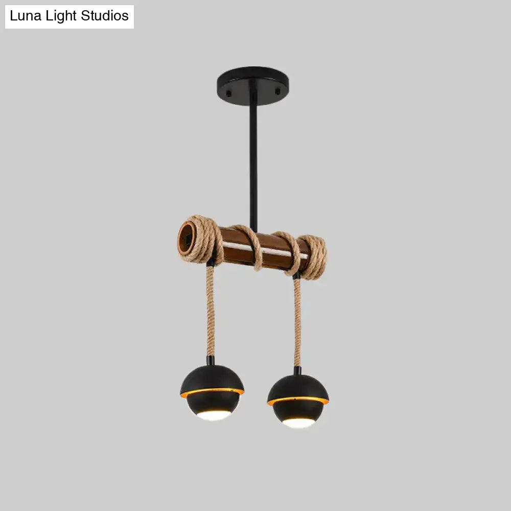 Decorbites industrial linear island chandelier with black iron pendant lamp, bamboo tube, rope, and two black lampshades