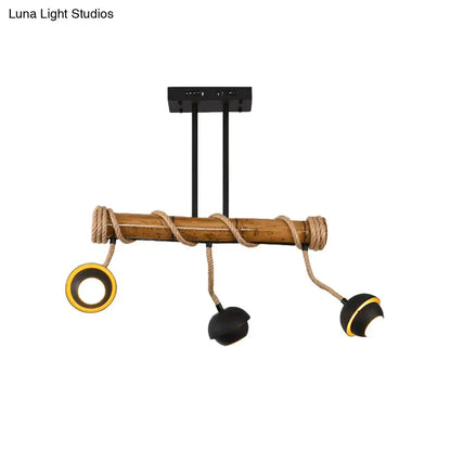 DecorBites industrial linear chandelier with bamboo tube and rope, black iron pendant lamp, three adjustable spotlights