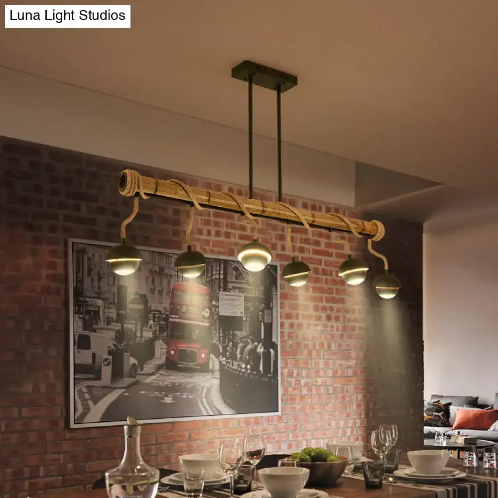 Decorbites industrial linear chandelier with rustic bamboo rod dark green metal fixtures and spherical glass shades