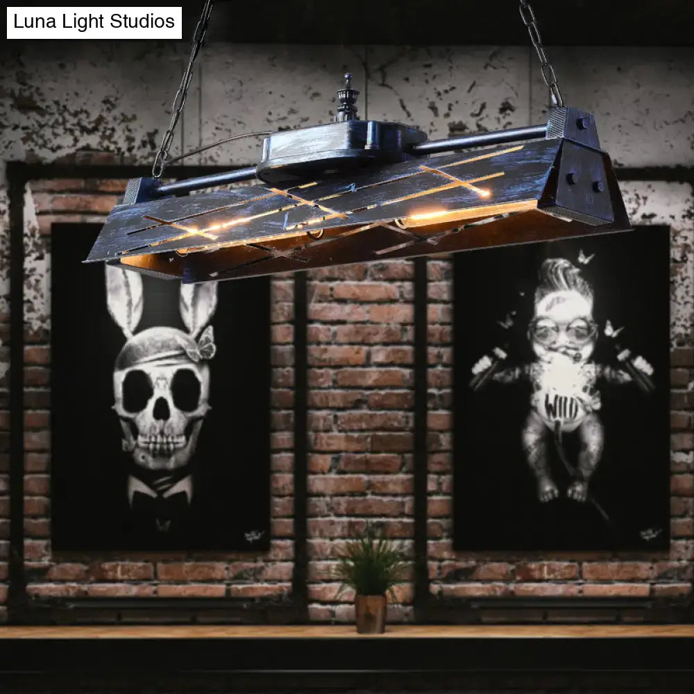 DecorBites™ industrial metal 4-light suspension lamp with hollow-out design and black rectangular pendant shades