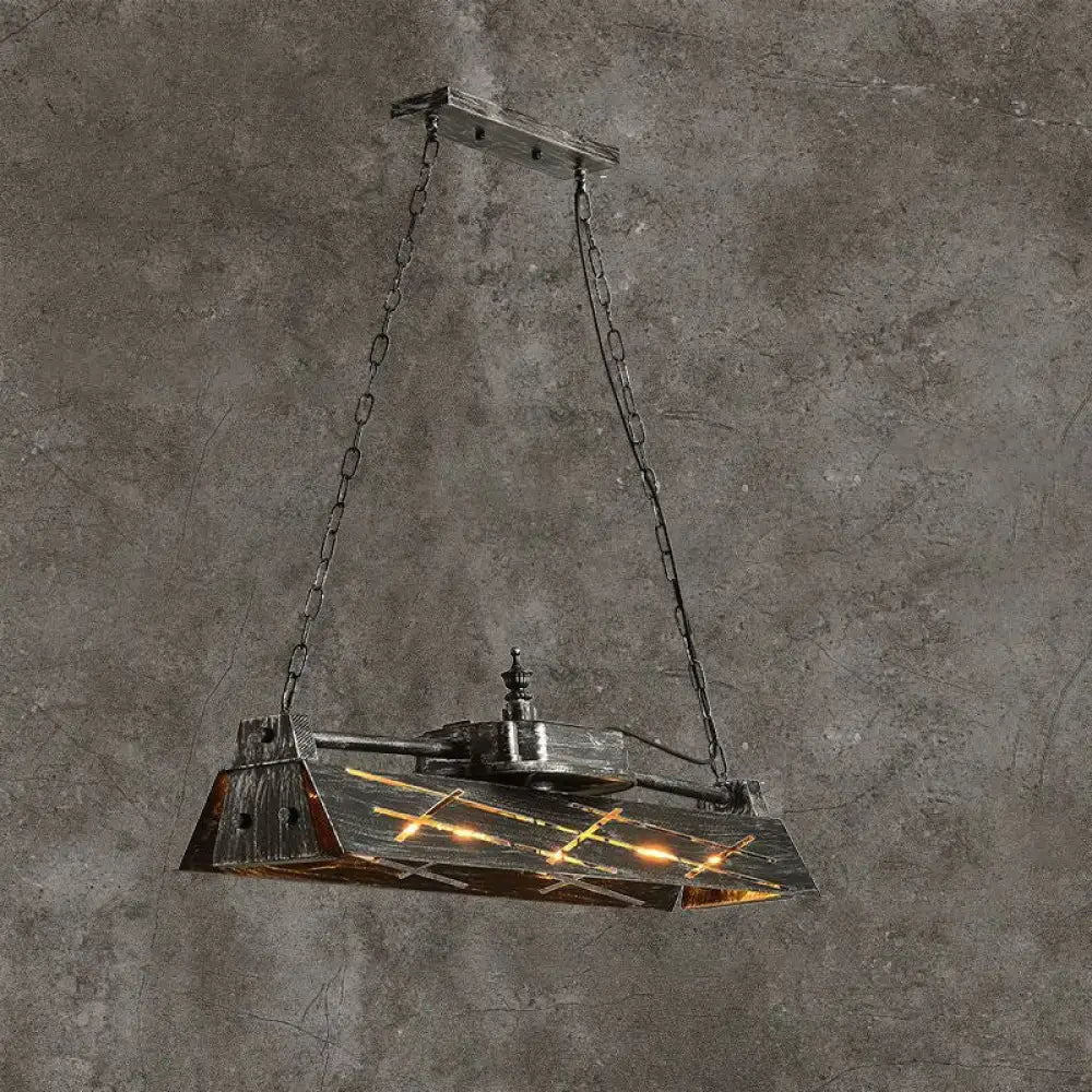 DecorBites™ industrial metal 4-light suspension lamp with dark weathered frame and amber glass for dining room island