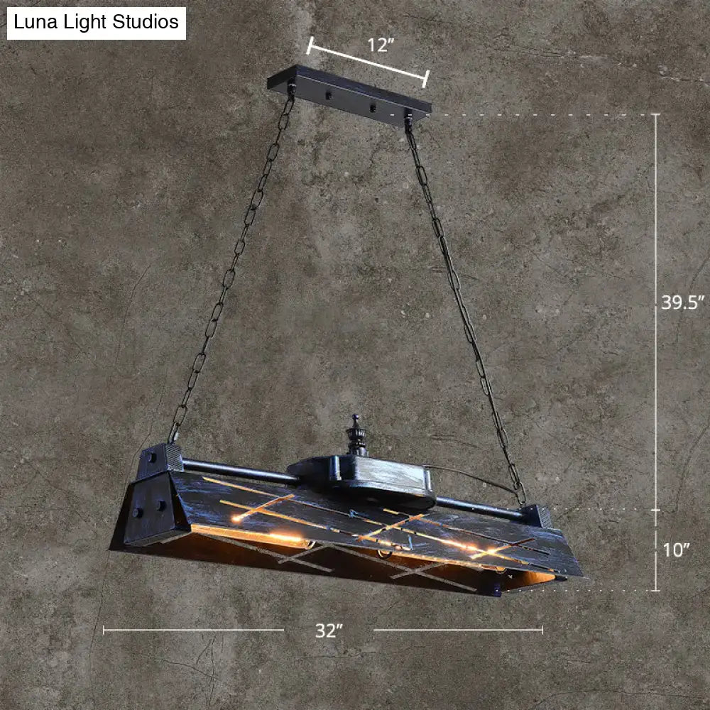 DecorBites™ industrial metal 4-light suspension lamp with black rectangular rustic design and warm exposed bulbs for dining room island