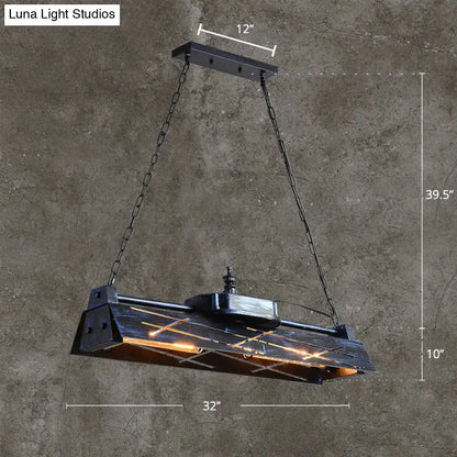 DecorBites™ industrial metal 4-light suspension lamp with black rectangular rustic design and warm exposed bulbs for dining room island