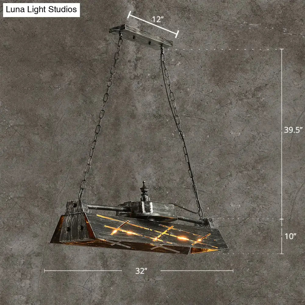 DecorBites™ industrial metal 4-light suspension lamp with dark weathered frame and amber glass panels for dining room island