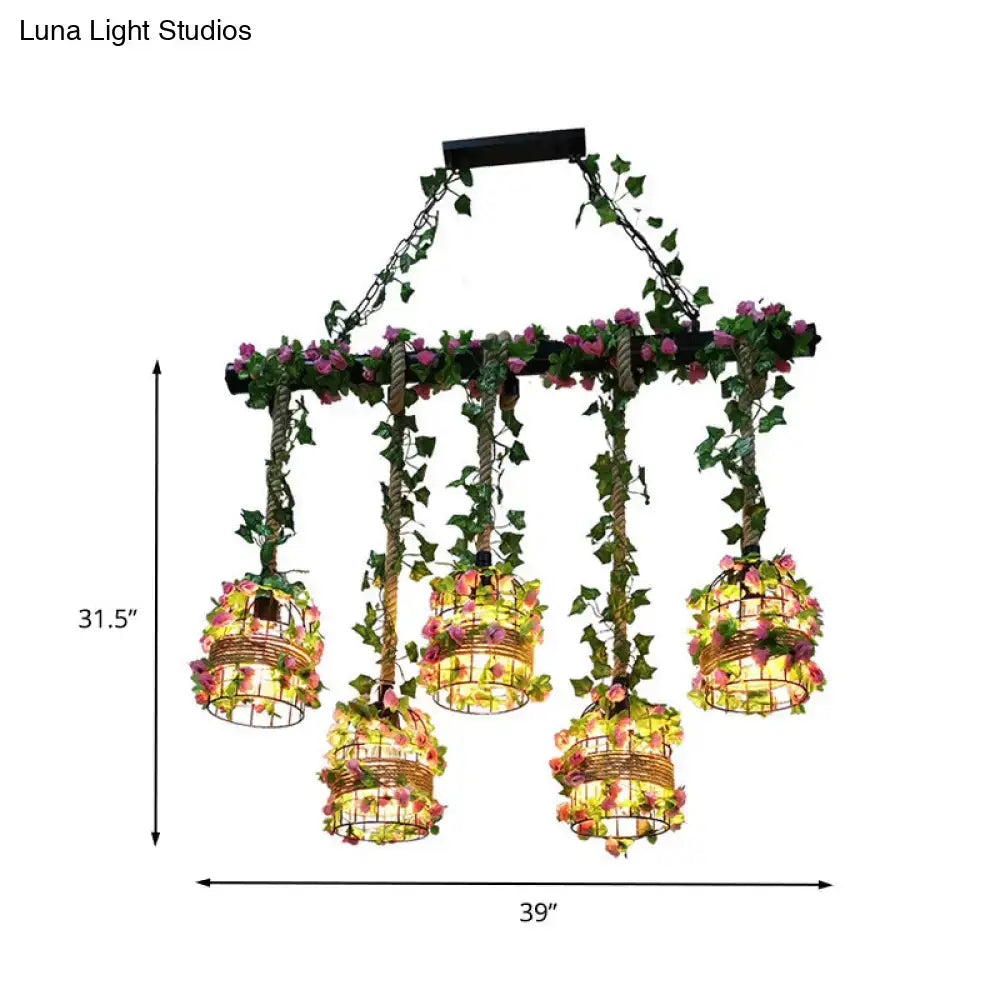 DecorBites™ industrial metal 5-head black cage island lighting fixture with woven birdcage lights and floral accents