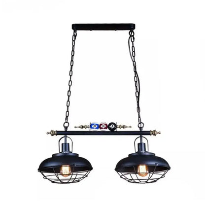 DecorBites industrial metal billiards island light with black bowl shade, chain cord length, and cage-encased bulbs