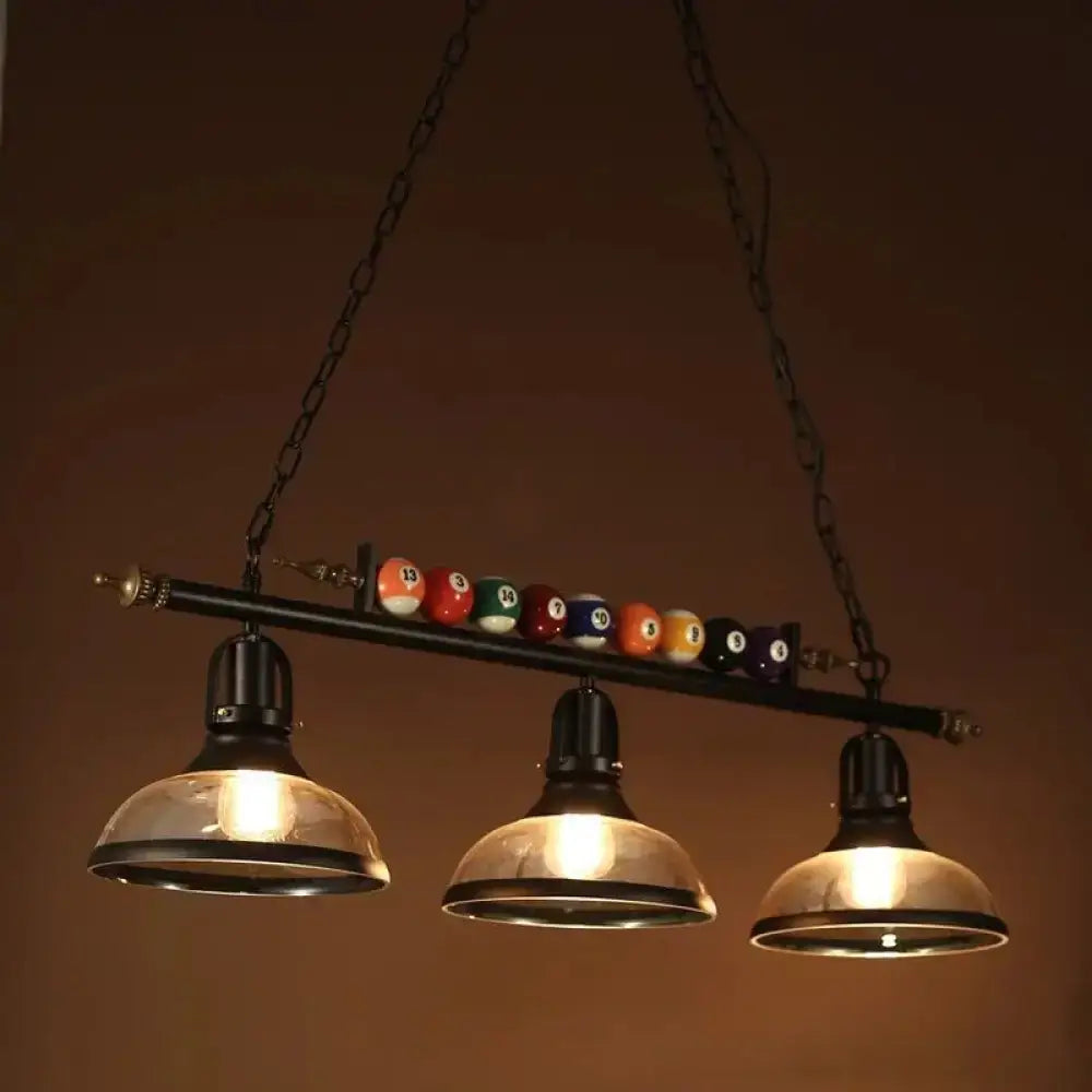 DecorBites™ industrial style black metal billiards island light with chain cord length, bowl shade, and colorful balls