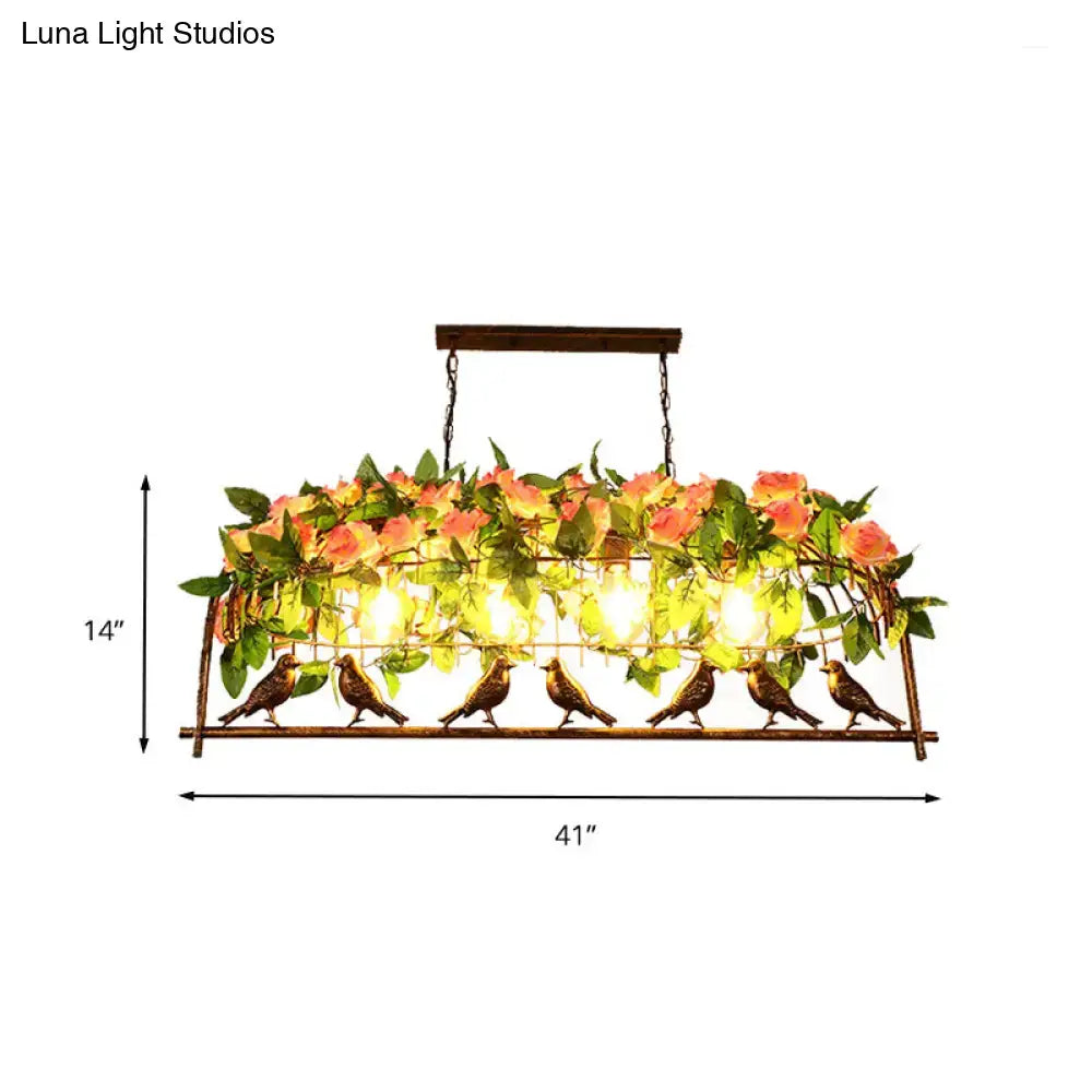 Decorbites industrial metal birdcage hanging ceiling light in bronze with pink roses and six small birds for restaurants