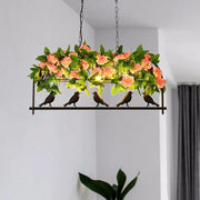 Decorbites industrial metal birdcage flower hanging ceiling light with black frame pink roses and bird figurines