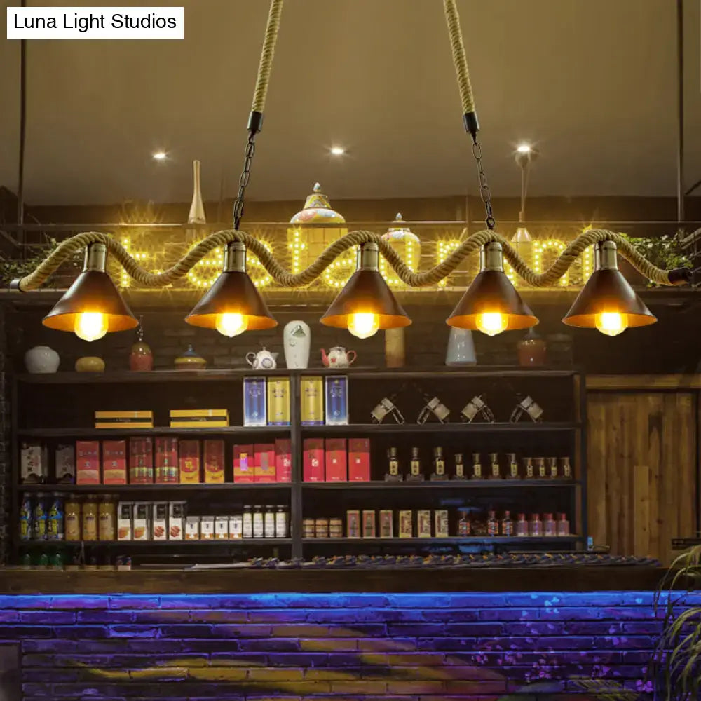 DecorBites industrial metal bistro island lighting with five copper shades and black conical hanging light hemp rope design