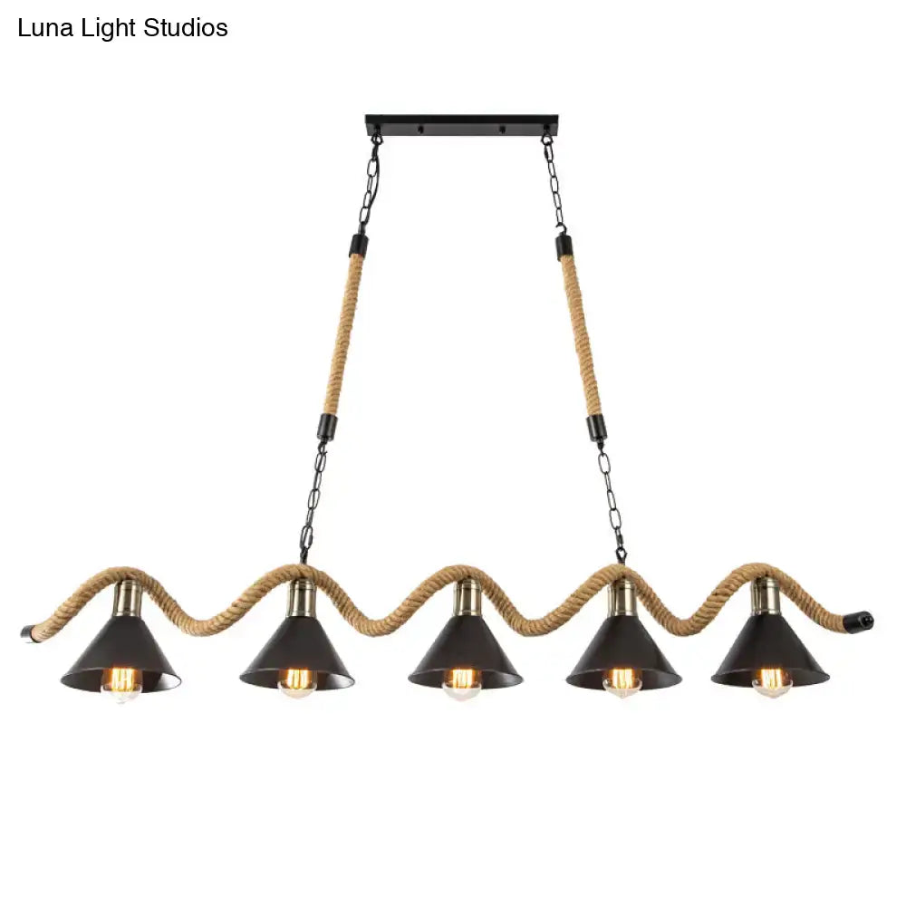 Decorbites industrial metal bistro island lighting featuring black conical hanging light with hemp rope suspension