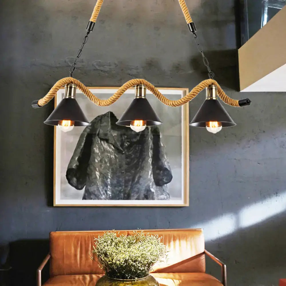 DecorBites industrial metal bistro island lighting featuring black conical hanging light with hemp rope suspension