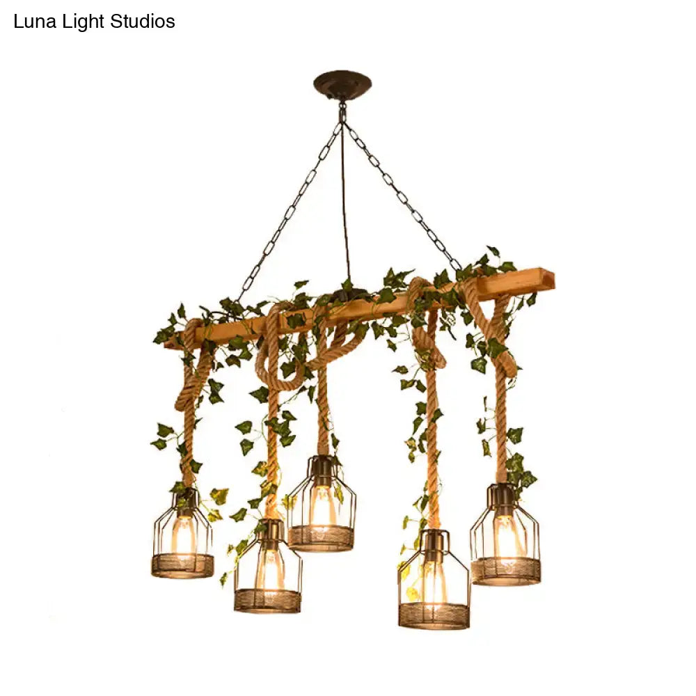 Rustic brown decorbites industrial metal caged island pendant light with rope hanging lamp and ivy accents