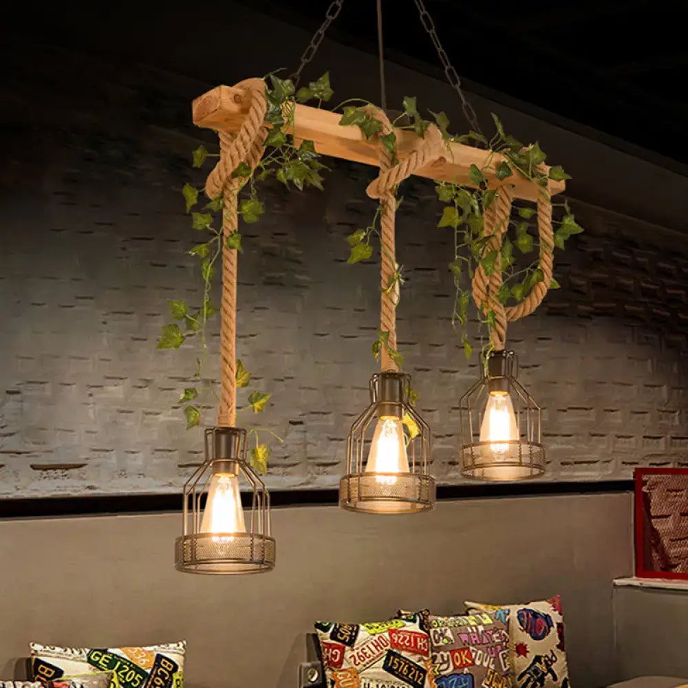 Rustic brown decorbites industrial metal caged island pendant light with thick rope suspension and three cage lamps