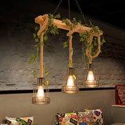 Rustic brown decorbites industrial metal caged island pendant light with thick rope suspension and three cage lamps