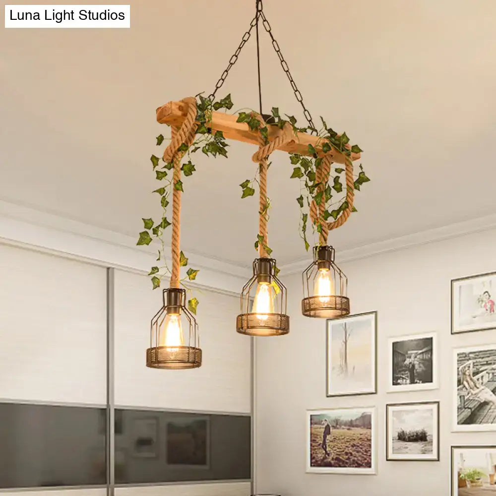 Decorbites™ industrial metal caged island pendant light in brown with rustic wooden chandelier and rope accents