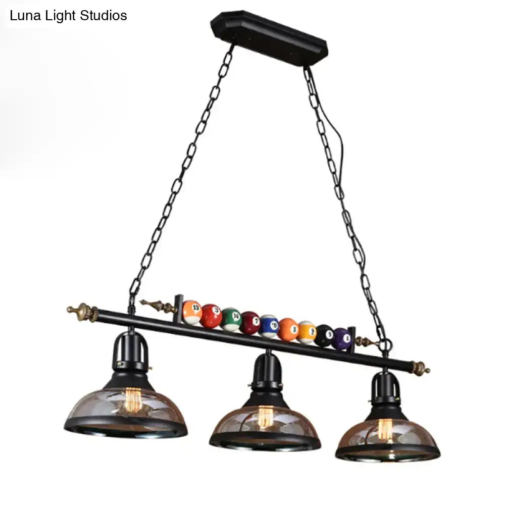 Decorbites™ industrial metal island pendant light fixture with black metal frame amber glass shades and colorful billiard decoration
