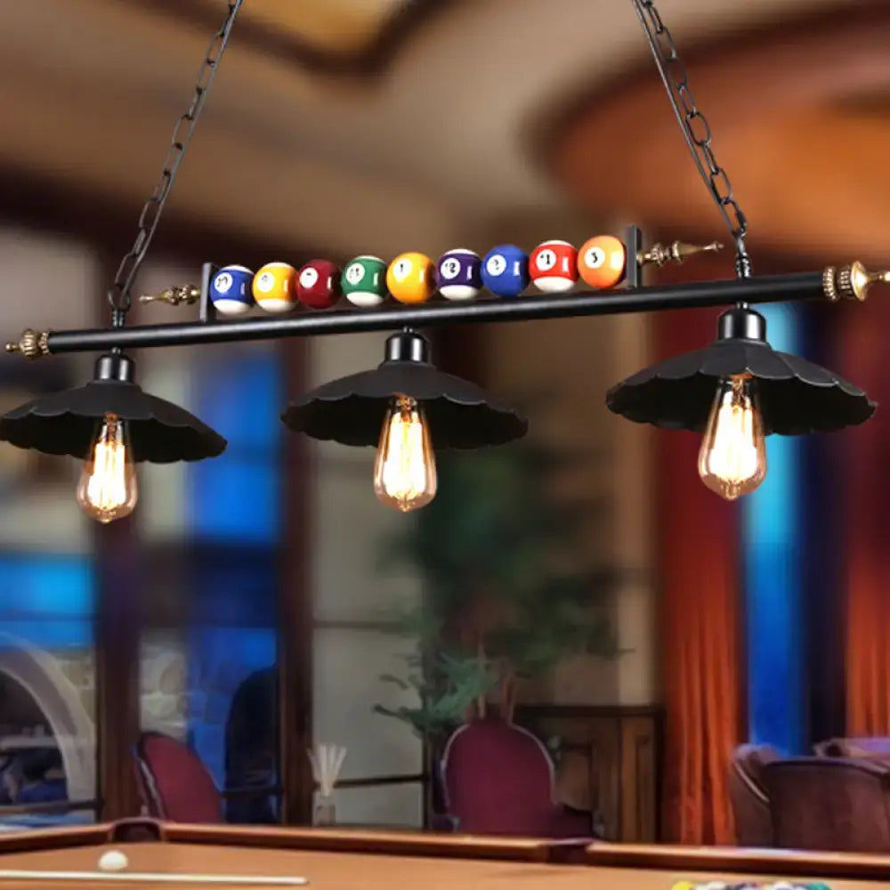 Decorbites industrial metal island pendant light with black wrought iron bars and colorful billiard ball decoration for interior spaces