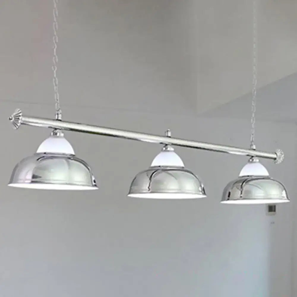 DecorBites™ industrial metal mirrored bowl pendant light with chrome finish and three dome-shaped shades for billiard rooms