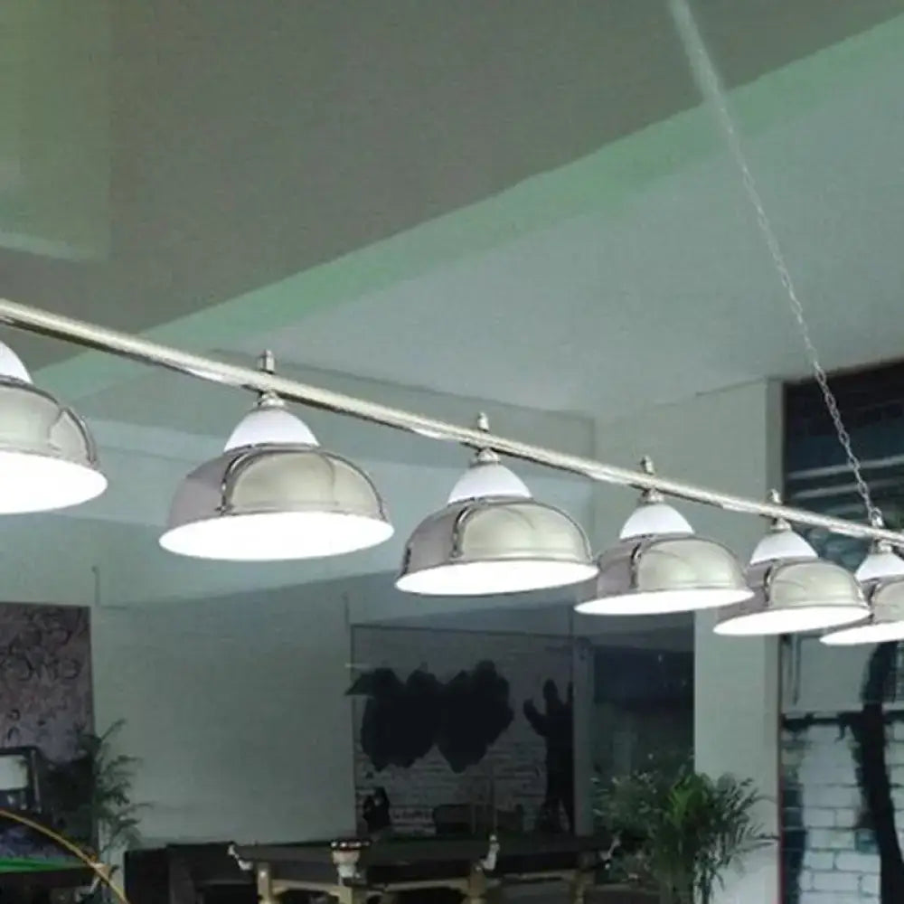 Industrial metal mirrored bowl pendant light with metallic domed shades and white interiors suspended lighting fixture