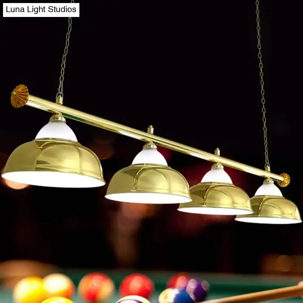 Decorbites industrial brass pool table suspended lighting fixture with metal mirrored bowl and four white glass shades