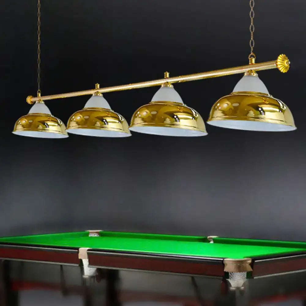 Decorbites™ gold-finished metal mirrored bowl suspended lighting fixture with four dome shades for billiard rooms