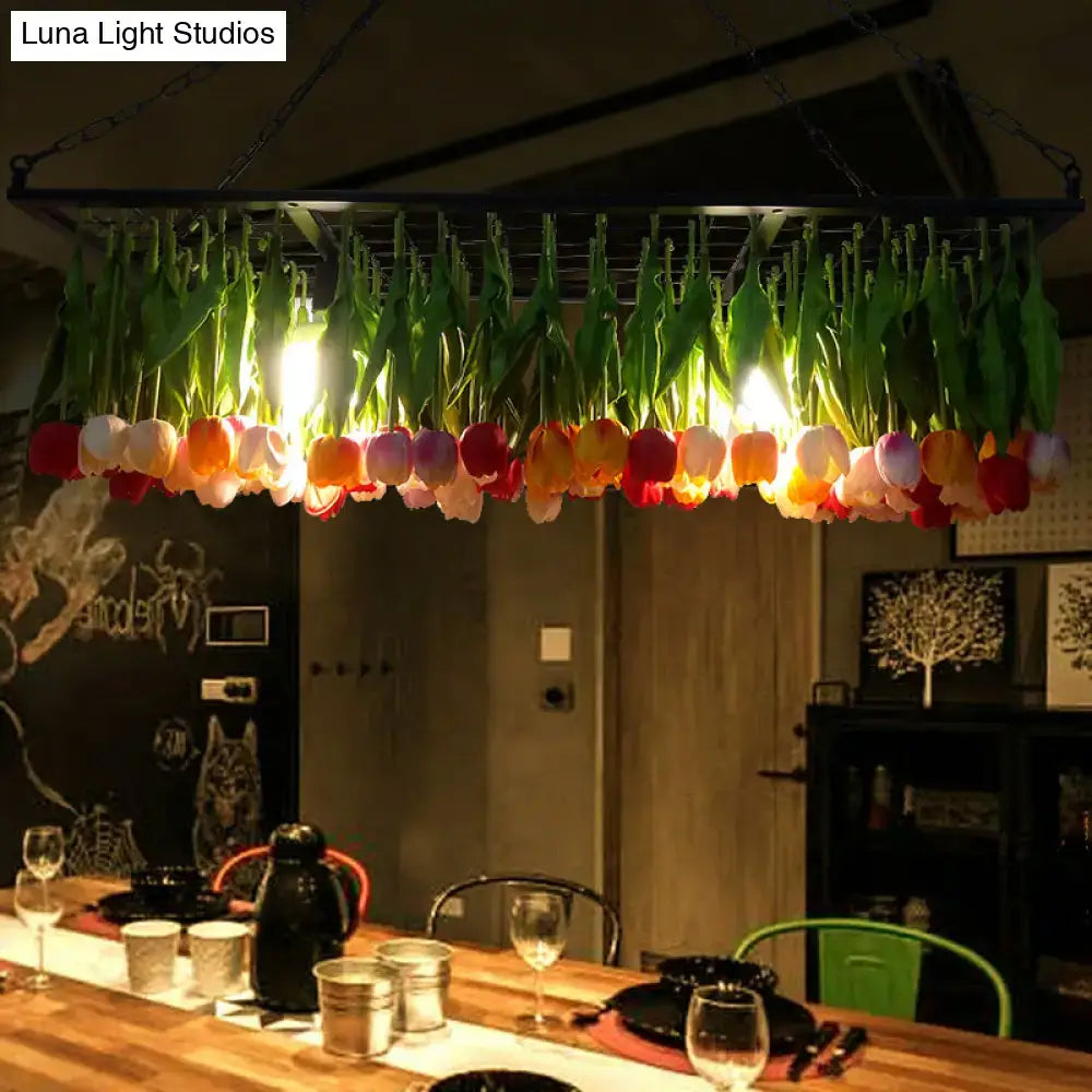 DecorBites™ industrial metal pendant chandelier with green frame and vibrant tulip LED hanging light fixture