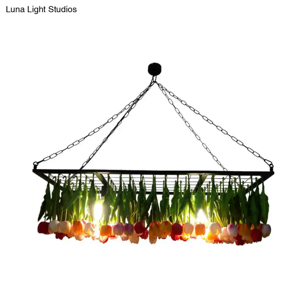 DecorBites™ industrial metal pendant chandelier with black frame and tulip LED hanging lights in red pink and white