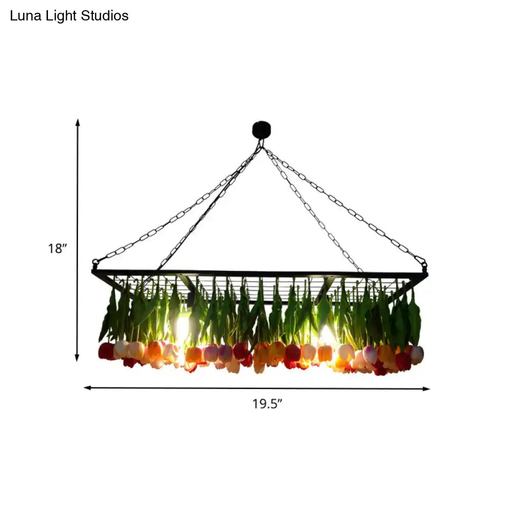 Black metal pendant chandelier with hanging chains, green foliage, and colorful tulip LED hanging light fixture for restaurants