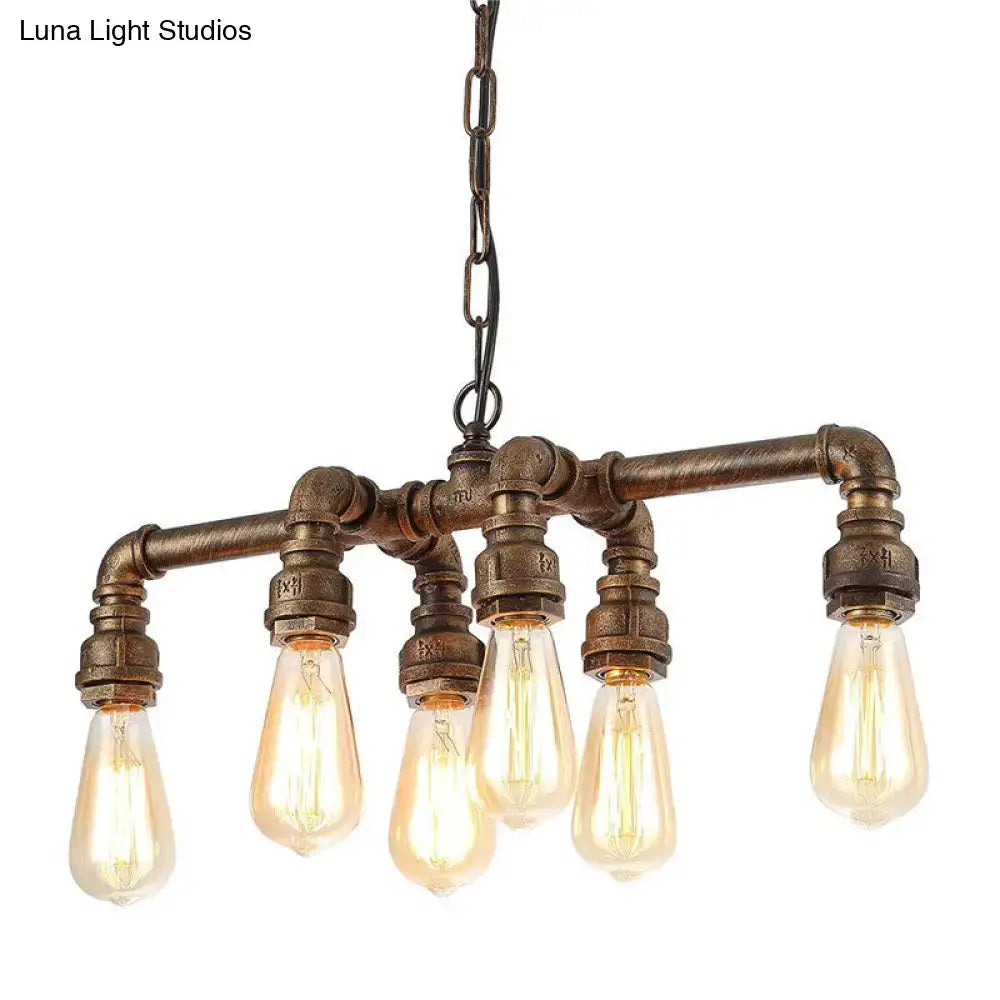 DecorBites™ industrial metal pipe pendant with brass finish and five exposed led incandescent bulbs for dining room