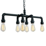 Black DecorBites™ industrial metal pipe pendant with five exposed filament bulbs for dining room lighting