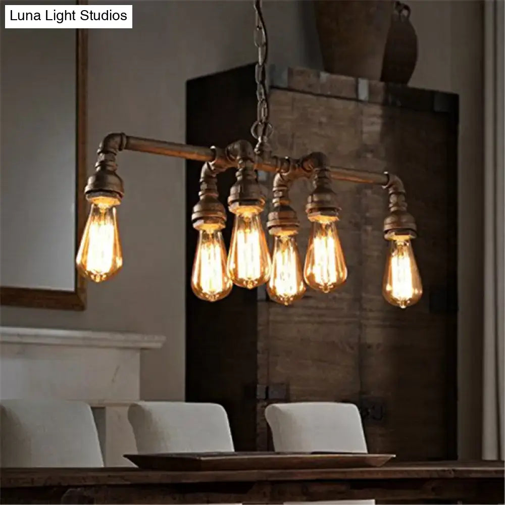 DecorBites industrial metal pipe pendant with six glowing led incandescent filament bulbs for dining room lighting