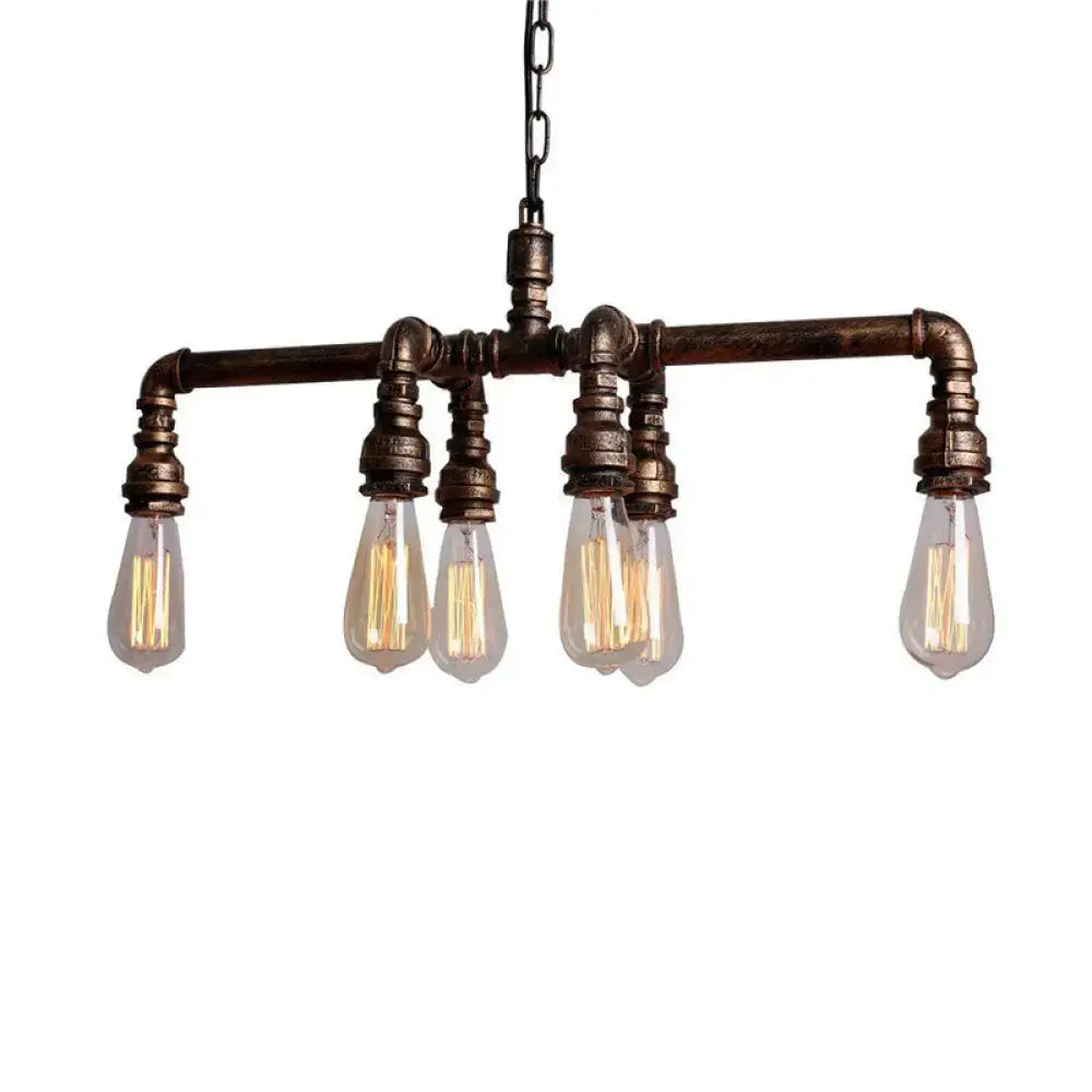 DecorBites industrial metal pipe pendant 6-light ceiling lamp with dark bronze frame and clear glass LED incandescent bulbs