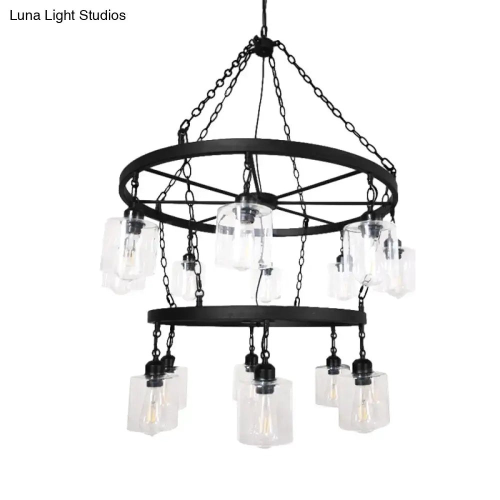DecorBites industrial pendant chandelier with black wrought iron frame clear glass shades and exposed filament bulbs