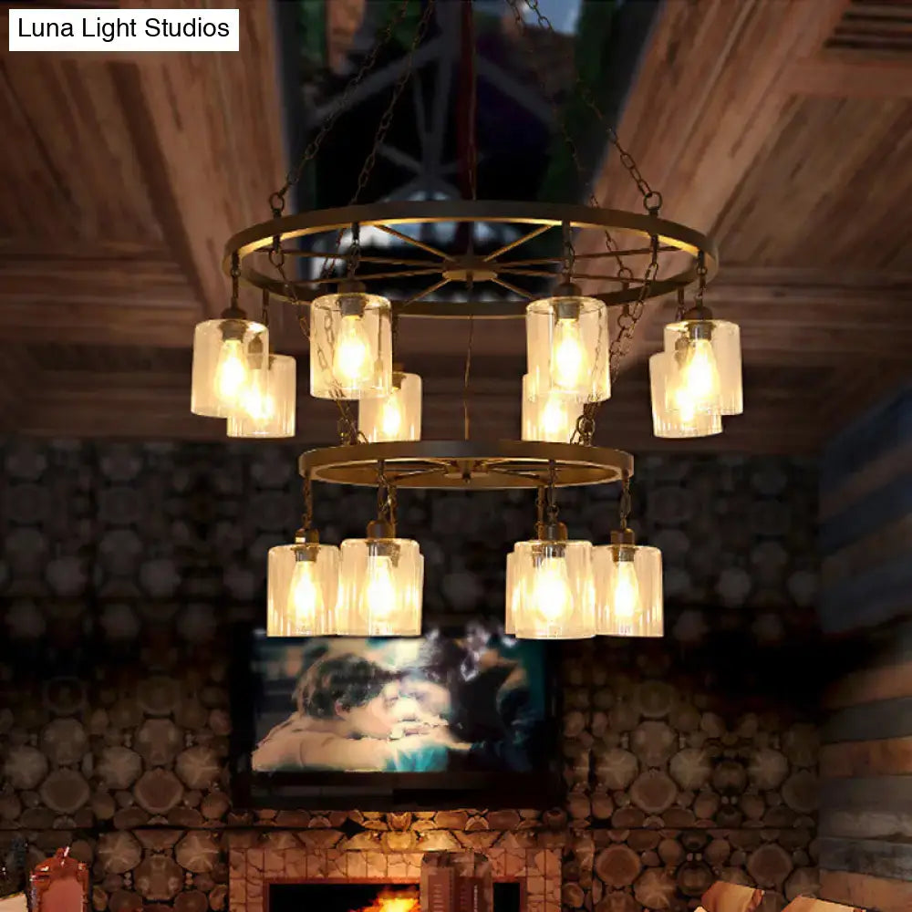 DecorBites industrial pendant chandelier with clear glass shades, brass frame, black finish, and rustic two-tier design