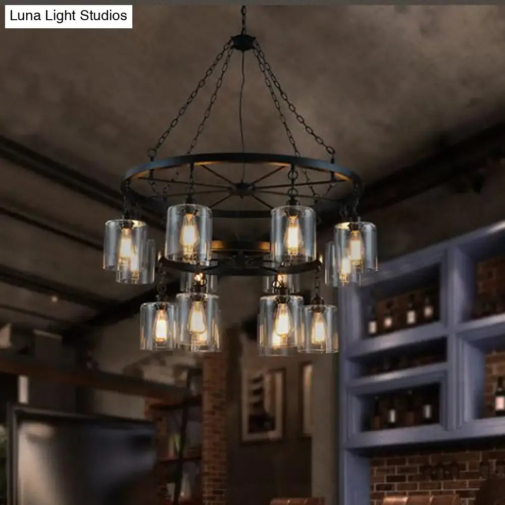 DecorBites industrial pendant chandelier with black metal frame, hanging chains, and clear glass jars housing filament bulbs