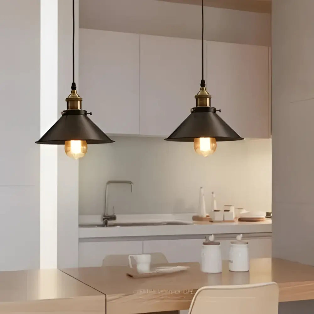 DecorBites™ industrial pendant lighting with black metal shades brass accents and exposed filament bulbs pendant light