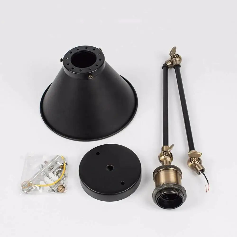 Decorbites™ industrial plug in wall sconce with black matte conical lampshade and brass adjustable arm for commercial space