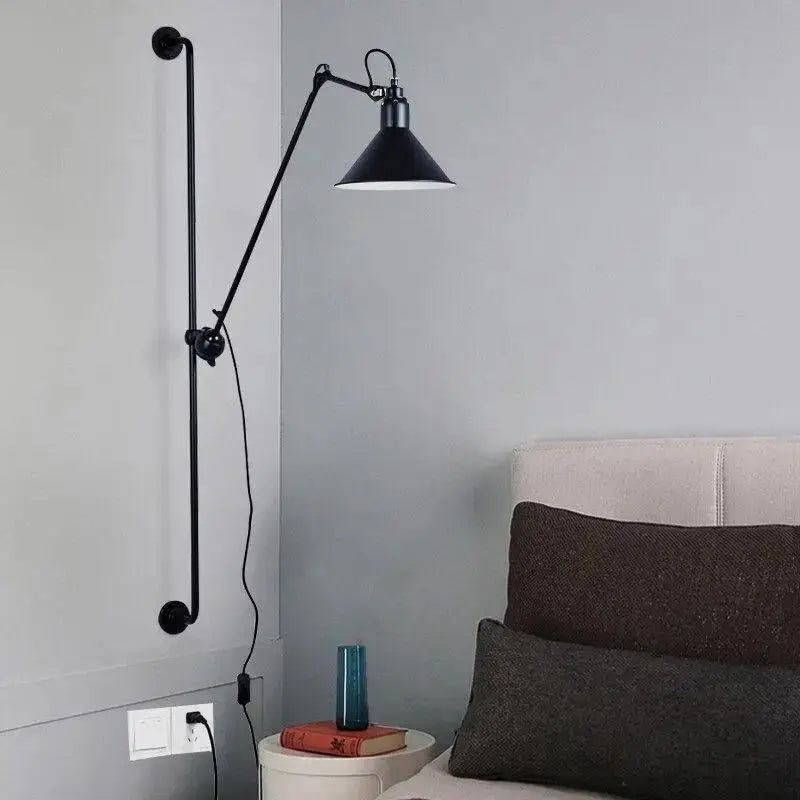 Black industrial plug-in haley wall sconce with articulated arm and conical shade for stylish home decor lighting
