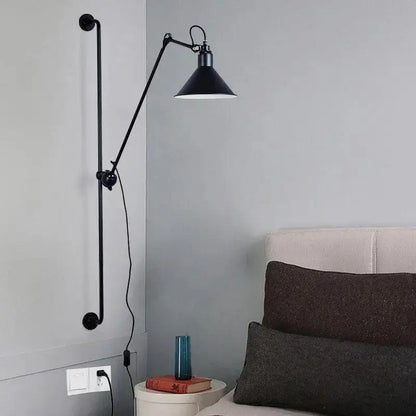 Black industrial plug-in haley wall sconce with articulated arm and conical shade for stylish home decor lighting